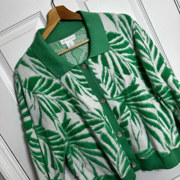 Cynthia Rowley Green White Leaf Print Tufted Cardigan Sweater Size XL Springtime - Picture 8 of 12